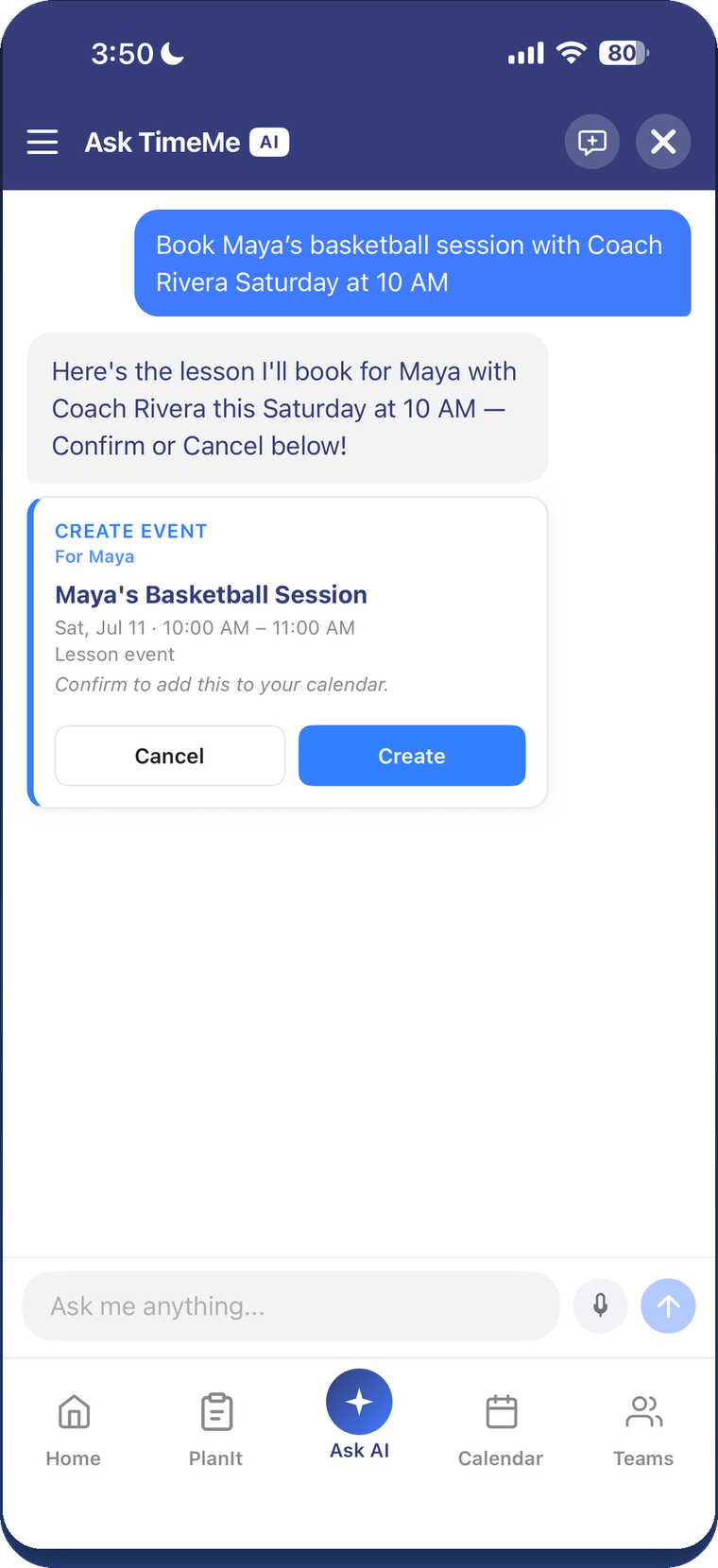 TimeMe.AI AskAI conversation booking a coaching session in plain language