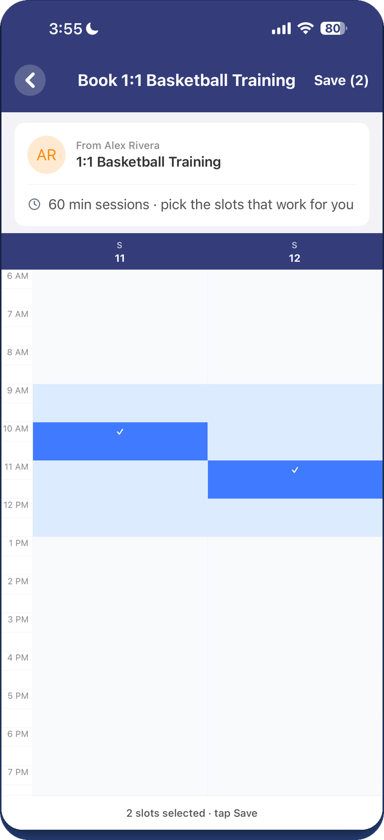 A parent booking a coach&rsquo;s 1:1 training session from the PlanIt availability grid