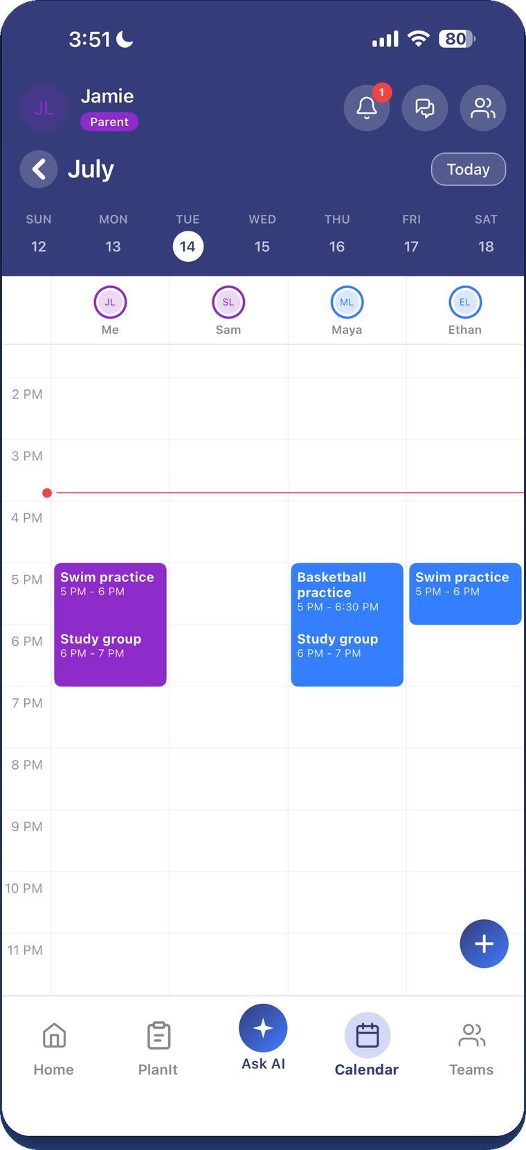 TimeMe.AI family day view showing each child&rsquo;s schedule side by side