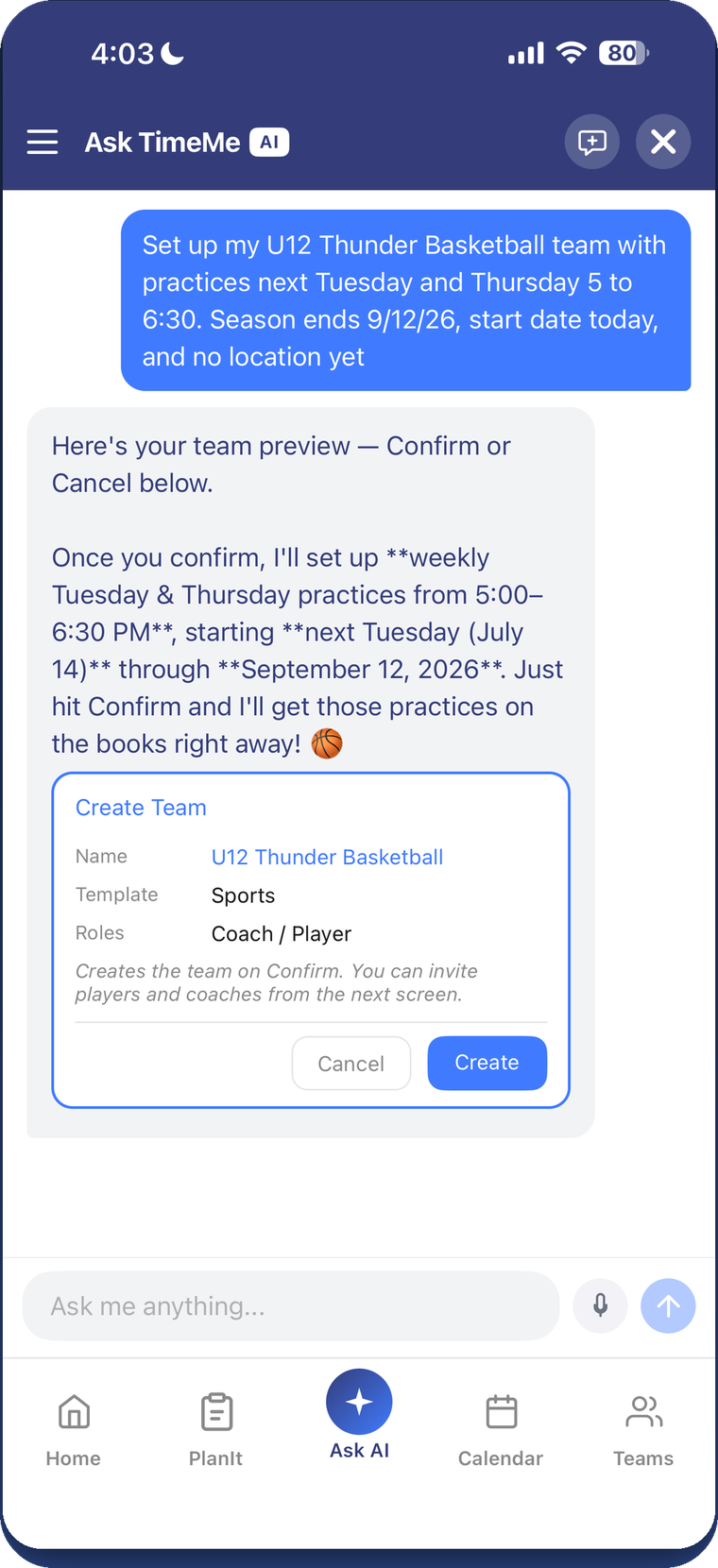 A coach setting up a new basketball team by talking to AskAI